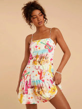 Travachic Spring/Summer Vacation Chiffon Ruffle Trim Spaghetti Strap Printed Mini Dress For Women